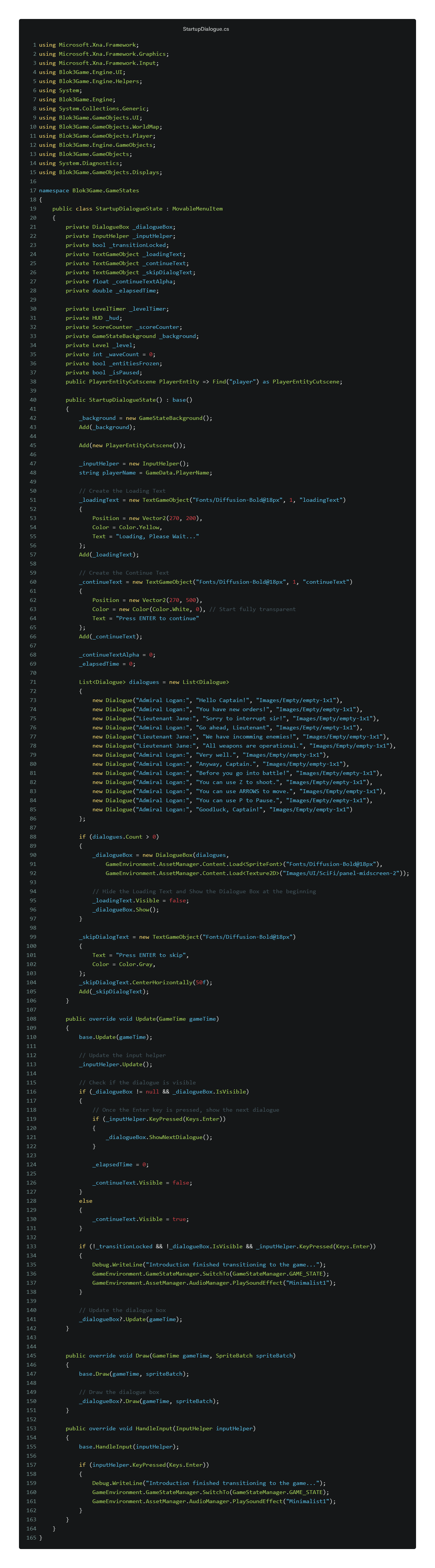 StartupDialogue.cs Snippet